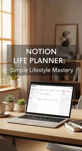 A bright office with a laptop showing a Notion Life Planner overlay text Notion Life Planner Simple .jpg