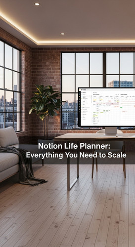 A minimalist loft with a Notion Life Planner on screen overlay text Notion Life Planner Everything Y.jpg