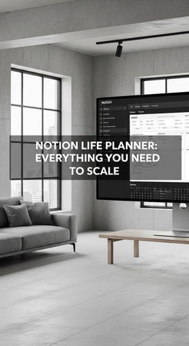 A minimalist loft with a Notion Life Planner on screen overlay text Notion Life Planner Everything Y.jpg