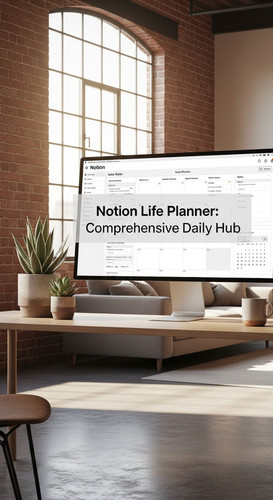 A minimalist loft with a Notion Life Planner on screen overlay text Notion Life Planner Comprehensiv.jpg
