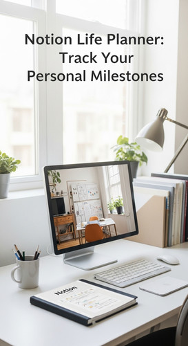 A bright office with a Notion Life Planner on screen overlay text Notion Life Planner Track Your Per.jpg
