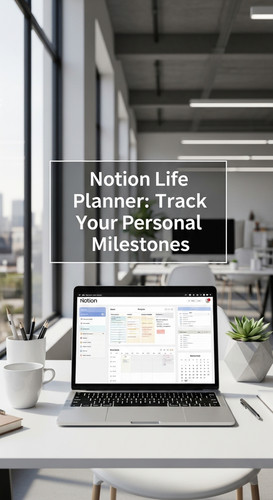 A bright office with a Notion Life Planner on screen overlay text Notion Life Planner Track Your Per.jpg