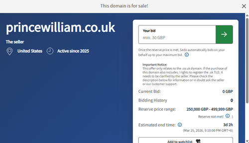 PrinceWilliam sedo listing