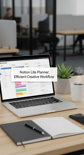 A professional agency desk with a laptop showing a Life Planner overlay text Notion Life Planner Eff.jpg