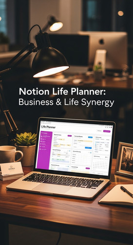 A professional agency desk with a laptop showing a Life Planner overlay text Notion Life Planner Bus.jpg