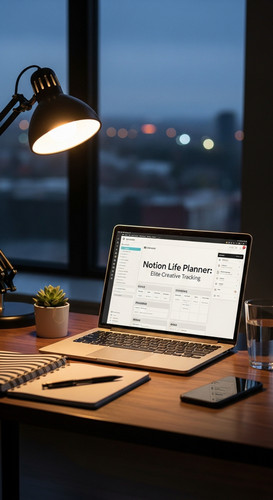 A professional agency desk with a laptop showing a Life Planner overlay text Notion Life Planner Eli.jpg