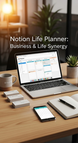 A professional agency desk with a laptop showing a Life Planner overlay text Notion Life Planner Bus.jpg