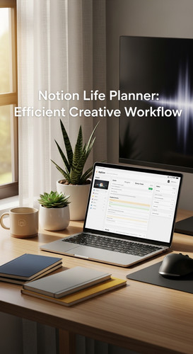 A professional agency desk with a laptop showing a Life Planner overlay text Notion Life Planner Eff.jpg