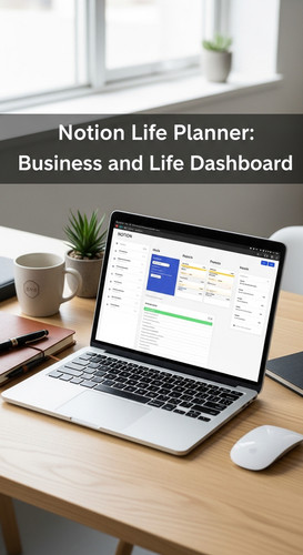 A professional agency desk with a laptop showing a Life Planner overlay text Notion Life Planner Bus.jpg