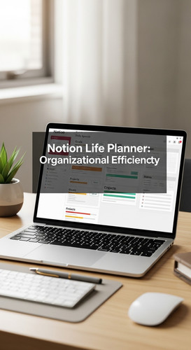A professional agency desk with a laptop showing a Life Planner overlay text Notion Life Planner Org.jpg
