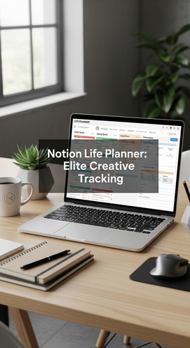 A professional agency desk with a laptop showing a Life Planner overlay text Notion Life Planner Eli.jpg