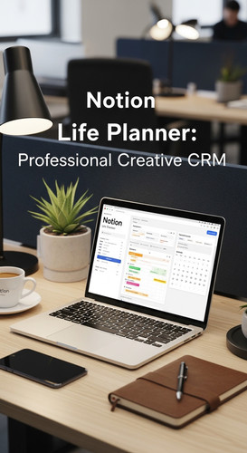 A professional agency desk with a laptop showing a Life Planner overlay text Notion Life Planner Pro.jpg