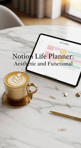 Elegant marble table with a gold latte and a tablet showing a Life Planner overlay text Notion Life .jpg