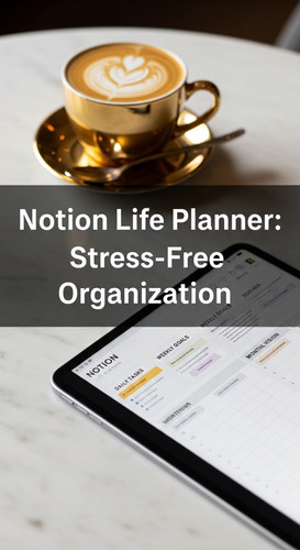 Elegant marble table with a gold latte and a tablet showing a Life Planner overlay text Notion Life .jpg