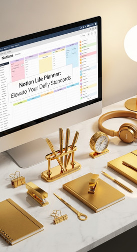 Luxury gold desk accessories surrounding a screen showing a Notion Life Planner overlay text Notion .jpg