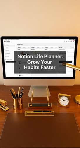 Luxury gold desk accessories framing a screen showing a Notion Life Planner overlay text Notion Life.jpg