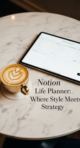 Elegant marble table with a gold latte and a tablet showing a Life Planner overlay text Notion Life .jpg