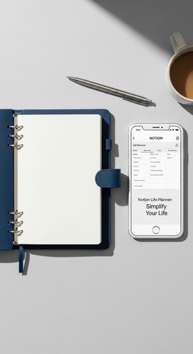 Minimalist flatlay with a navy planner and a phone displaying a Notion Life Planner overlay text Not.jpg