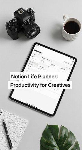 Minimalist flatlay with a camera and a tablet showing a Notion Life Planner overlay text Notion Life.jpg