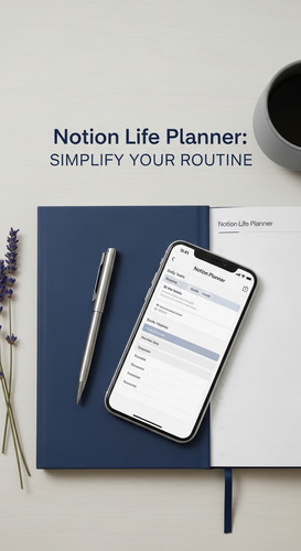 Minimalist flatlay with a navy planner and a phone showing a Notion Life Planner overlay text Notion.jpg