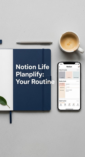 Minimalist flatlay with a navy planner and a phone showing a Notion Life Planner overlay text Notion.jpg