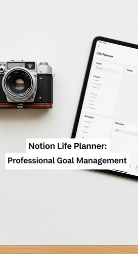 Minimalist flatlay with a vintage camera and a tablet showing a Notion Life Planner overlay text Not.jpg