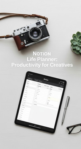 Minimalist flatlay with a vintage camera and a tablet showing a Notion Life Planner overlay text Not.jpg