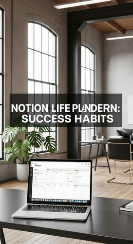 A minimalist loft with a Notion Life Planner on screen overlay text Notion Life Planner Modern Succe.jpg
