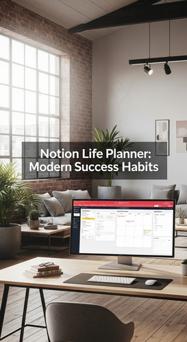 A minimalist loft with a Notion Life Planner on screen overlay text Notion Life Planner Modern Succe.jpg