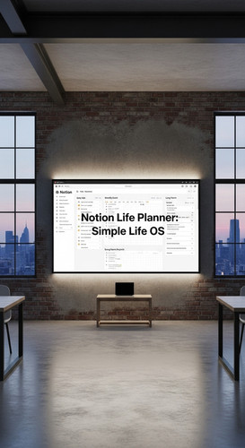 A minimalist loft with a Notion Life Planner on screen overlay text Notion Life Planner Simple Life .jpg