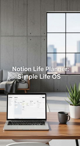 A minimalist loft with a Notion Life Planner on screen overlay text Notion Life Planner Simple Life .jpg