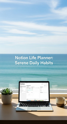 A workspace with an ocean view a laptop showing a Notion Life Planner overlay text Notion Life Plann.jpg