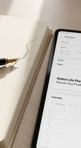 Closeup of a gold fountain pen writing in a linen notebook next to a tablet showing a Notion Life Pl.jpg