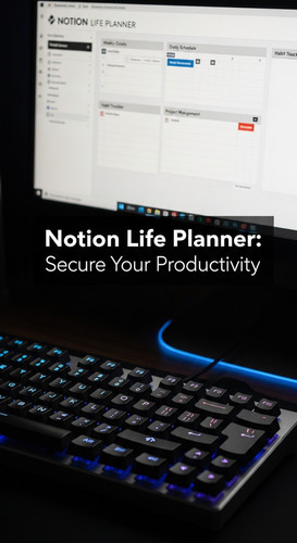 Closeup of a highend keyboard and a screen showing a Notion Life Planner overlay text Notion Life Pl.jpg