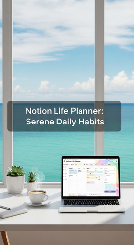 A workspace with an ocean view a laptop showing a Notion Life Planner overlay text Notion Life Plann.jpg