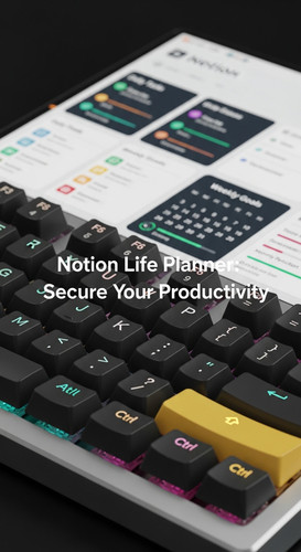 Closeup of a premium mechanical keyboard and a screen displaying a Notion Life Planner overlay text .jpg