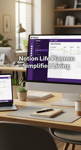 A professional desk with a Notion Life Planner on screen overlay text Notion Life Planner Simplified.jpg
