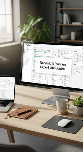 A professional desk with a Notion Life Planner on screen overlay text Notion Life Planner Expert Lif.jpg
