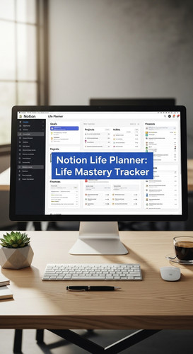 A professional desk with a Notion Life Planner on screen overlay text Notion Life Planner Life Maste.jpg