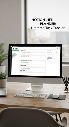 A professional desk with a Notion Life Planner on screen overlay text Notion Life Planner Ultimate T.jpg
