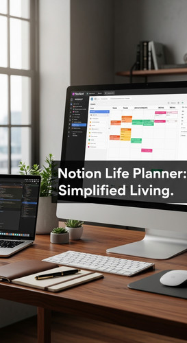 A professional desk with a Notion Life Planner on screen overlay text Notion Life Planner Simplified.jpg