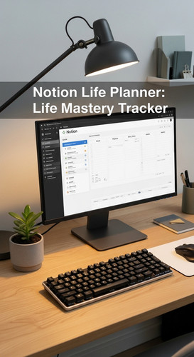 A professional desk with a Notion Life Planner on screen overlay text Notion Life Planner Life Maste.jpg
