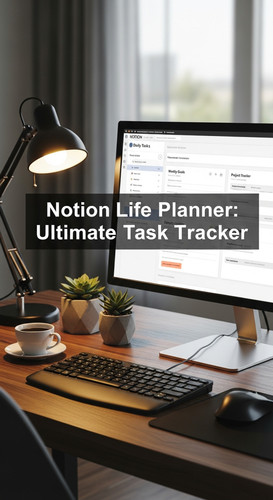 A professional desk with a Notion Life Planner on screen overlay text Notion Life Planner Ultimate T.jpg