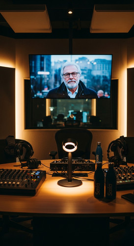 A professional podcasting studio with a screen showing a Notion Life Planner overlay text Notion Lif.jpg