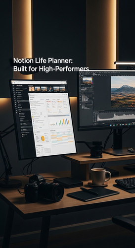 A professional photographers editing suite with a Notion Life Planner on a secondary screen overlay .jpg