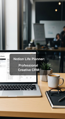 A professional agency desk with a laptop showing a Life Planner overlay text Notion Life Planner Pro.jpg