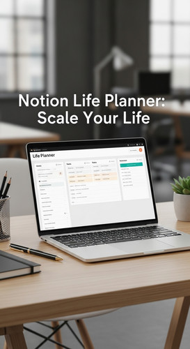 A professional agency desk with a laptop showing a Life Planner overlay text Notion Life Planner Sca.jpg