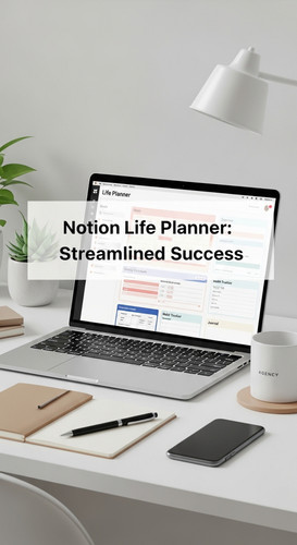 A professional agency desk with a laptop showing a Life Planner overlay text Notion Life Planner Str.jpg