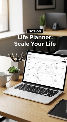 A professional agency desk with a laptop showing a Life Planner overlay text Notion Life Planner Sca.jpg