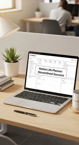 A professional agency desk with a laptop showing a Life Planner overlay text Notion Life Planner Str.jpg